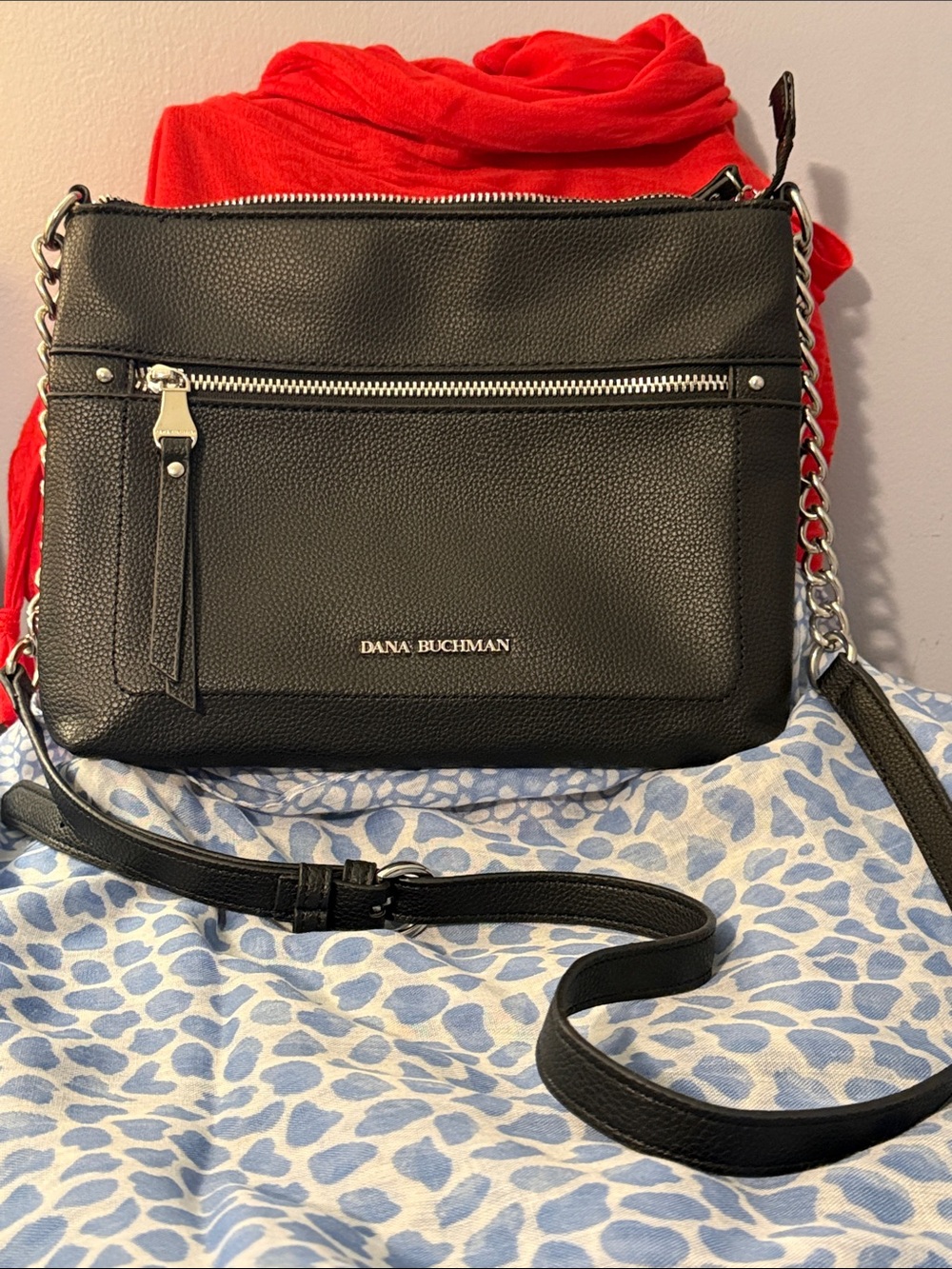 Dana Buchman Black Pebbled Leather Crossbody with Silver Chain Accent